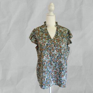 SHEIN Blouse Ruffle Short-Sleeved Green Floral Pattern Top Size XL